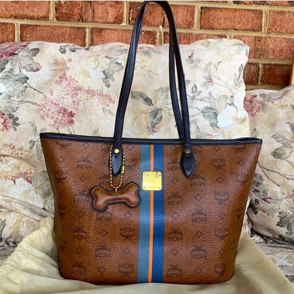 MCM Bags Mcm Leather Tote With Leather Bone Bag Charm Poshmark